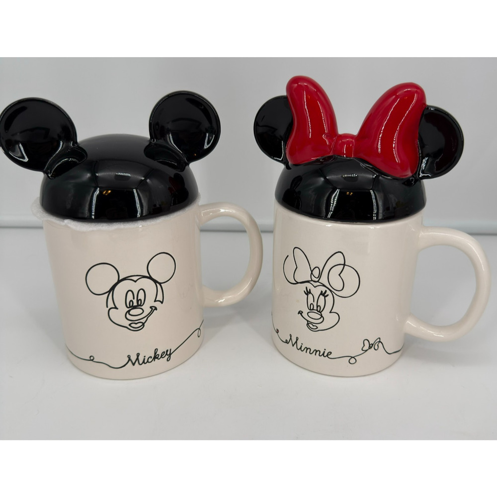 Disney Mickey Mouse and Minnie Mouse Sketch 17oz Ceramic Mugs With Ears Lids Set